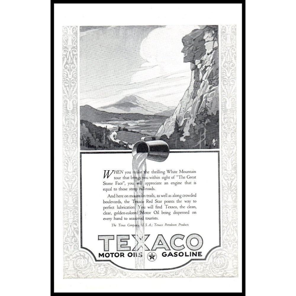1924 Texaco Motor Oil Gasoline Vintage Print Ad Old Stone Face White Mountains